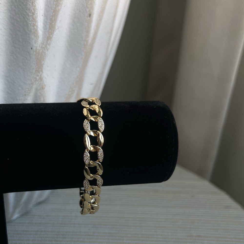 Flat Cuban link Gold and Silver pavé Chain Bracelet